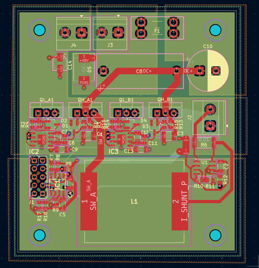 Top copper PCB layout view showing component placement and high-current power routing
