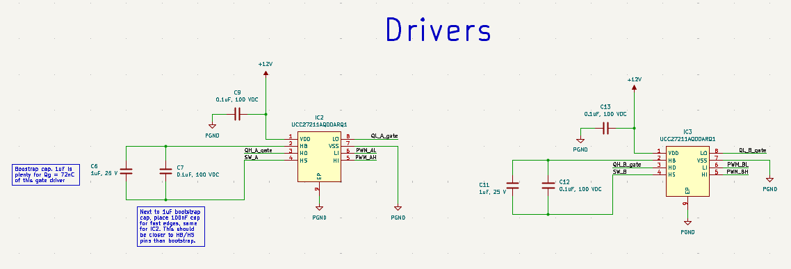 Schematic of UCC27211A half-bridge gate drivers for both bridge legs