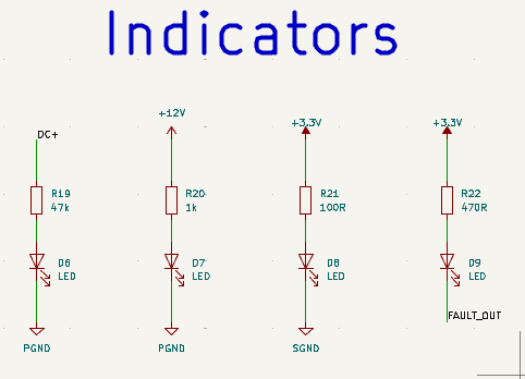 LED indicator circuits for 48V, 12V, 3.3V power rails and FAULT_OUT status