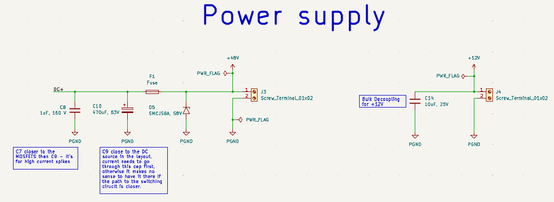 Input power schematic with 48V fuse path, TVS clamp, and separate 12V gate-driver rail