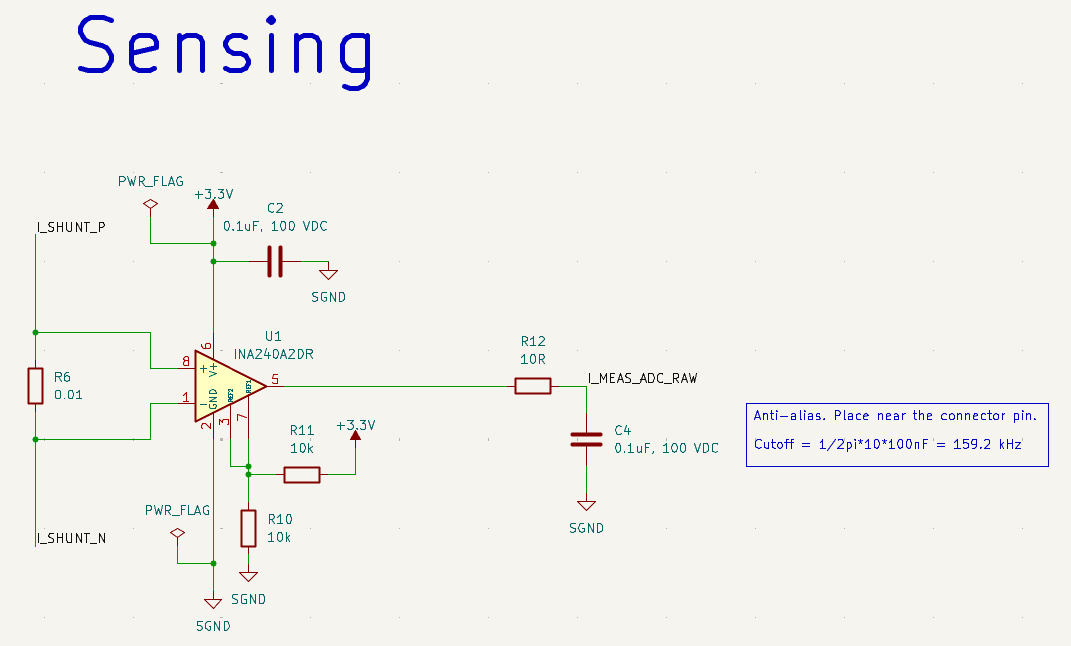 INA240A2 bidirectional current sense amplifier circuit with RC anti-alias filter